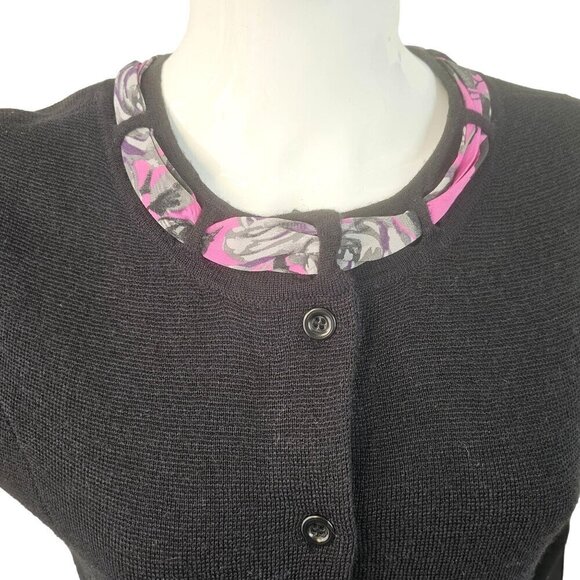 Pendleton Black Wool Knit Cardigan Womens M Pink Silk Trim Long Sleeve Vintage - Picture 3 of 10